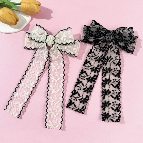 Pinza para el Cabello con Lazo de Encaje Bordado Elegante Francés con Cintas Largas Vintage Malla Floral para Mujer Accesorios