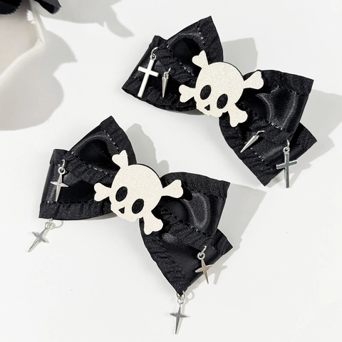 Barrette à Cheveux Gothique Halloween Crâne Croix Nœud Noir en Polyester Webbing Épingle avec Pendentifs en Métal Femme