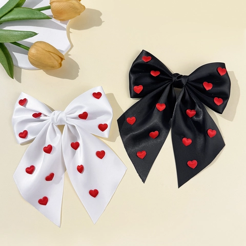 Large Satin Bow Hair Clip With Red Heart Pattern Valentine's Day Sweet Ribbon Hairpin For Women Elegant Hair Accessories