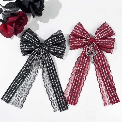 Fermaglio Capelli Fiocco Pizzo Gothic Con Ciondolo Croce Nastro Lettera Stampata Lolita Accessorio Capelli Donna Style