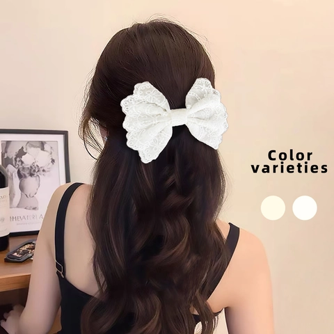 Vintage French Lace Bow Hair Clip Elegant White Floral Embroidery Large Back Of Head Spring Clip For Women Wedding Hair Accessories