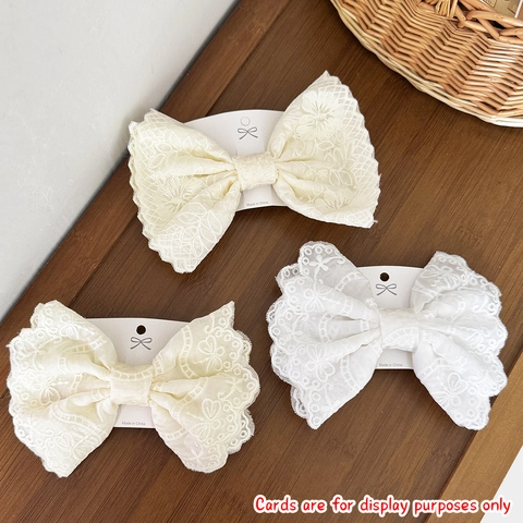 Vintage French Lace Bow Hair Clip Elegant White Floral Embroidery Large Back Of Head Spring Clip For Women Wedding Hair Accessories