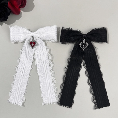 Gothic Lolita Spitze Schleife Haarklammer Dunkle Ästhetik Herz Kreuz Anhänger Band Haaraccessoire Für Damen Elegant Haarnadel