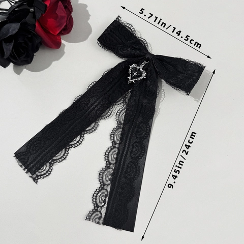 Gothic Lolita Spitze Schleife Haarklammer Dunkle Ästhetik Herz Kreuz Anhänger Band Haaraccessoire Für Damen Elegant Haarnadel