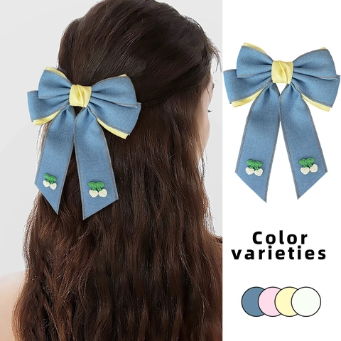 Pinza para el Pelo con Lazo de Mezclilla Linda con Bordado de Cereza Cinta de Color de Contraste Accesorios para el Cabello de Mujer