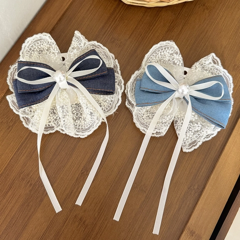 Pinza de Lazo de Denim y Encaje Dulce Con Cintas Perla Artificial Mujer Temperamento de Hada Hecho a Mano Accesorio para Cabello