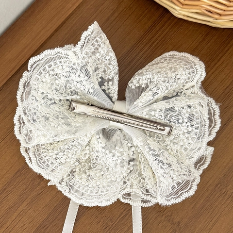Pinza de Lazo de Denim y Encaje Dulce Con Cintas Perla Artificial Mujer Temperamento de Hada Hecho a Mano Accesorio para Cabello