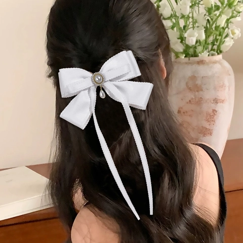 Barrette Cheveux Nœud en Satin Élégante Avec Perle Artificielle et Gland en Strass Accessoires Cheveux Princesse pour Femmes