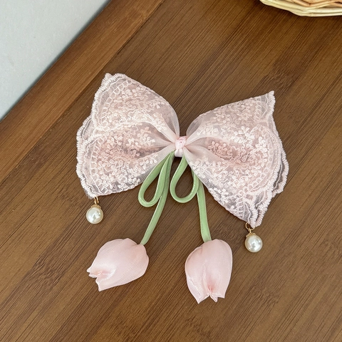 Dolce Fermaglio per Capelli a Fiocco di Fiori in Pizzo in Stile Coreano per Donna Ciondolo a Tulipano Perla Artificiale