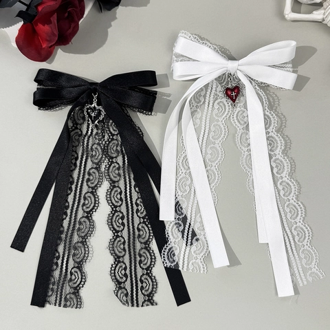 Gothic Lolita Spitze Bogen Haarspange Mit Herz Kreuz Anhänger Satin Band Haarnadel Süß Cool Stil Party Haar Accessoires Für Damen Mädchen