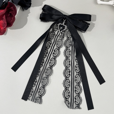 Gothic Lolita Spitze Bogen Haarspange Mit Herz Kreuz Anhänger Satin Band Haarnadel Süß Cool Stil Party Haar Accessoires Für Damen Mädchen