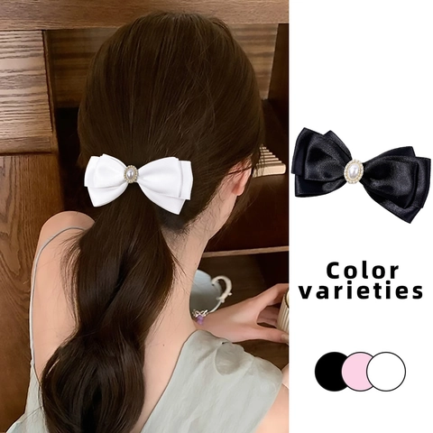 Barrette à Cheveux Nœud en Ruban de Satin Élégante pour Femme Perle Artificielle Douce Strass Décoré Style Coréen Accessoires Cheveux