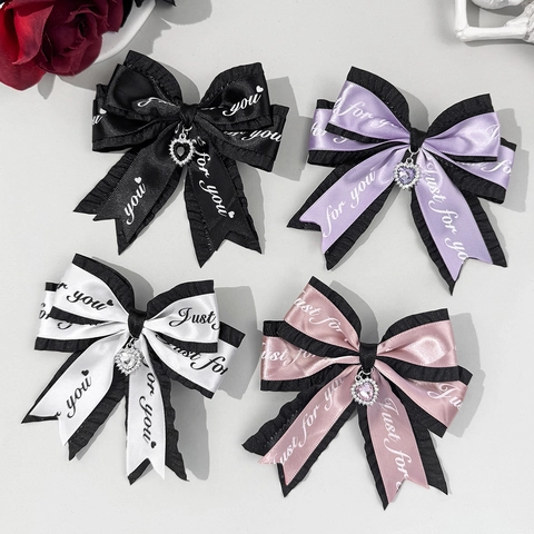 Fermaglio per Capelli Lolita Gotico a Fiocco con Cuore Fatto a Mano Nastro a Volant con Ciondolo a Cuore in Strass per Donna