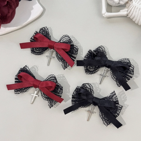 Gothische Dunkle Spitze Schleifen Haarclips Für Damen Mit Silber Kreuz Anhänger Lolita Individuelle Seite Haarschmuck