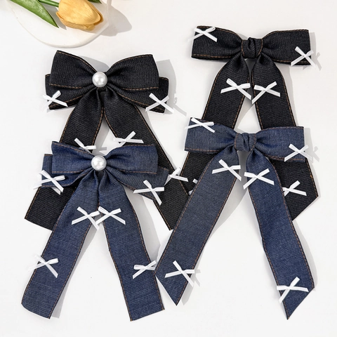 Women Denim Fabric Bow Hair Clip With Artificial Pearl Long Ribbon Hairpins Sweet Handmade Denim Headwear For Girls Accessories