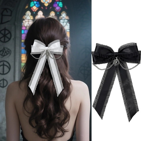 Gothic Lolita Haarschleifen-Clip Mit Metallkette Herz Kreuz Anhänger Spitze Satinband Streamer Haarschmuck Für Damen