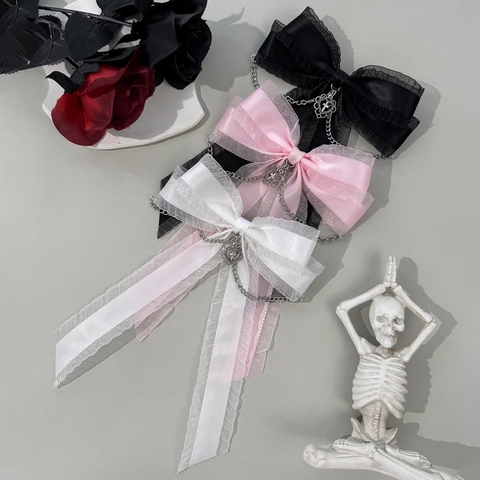 Gothic Lolita Haarschleifen-Clip Mit Metallkette Herz Kreuz Anhänger Spitze Satinband Streamer Haarschmuck Für Damen
