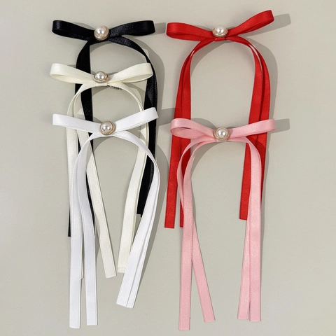 Satin Bow Hair Clip With Faux Artificial Pearl Elegant Long Streamer Hairpin Balletcore Sweet Hair Accessories For Women Girls