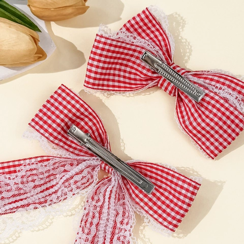 Fermagli per Capelli a Fiocco a Quadretti Rossi e Bianchi Con Bordo in Pizzo Dolce Stile Academy Forcine in Tessuto per Donna Ragazza Accessori per Capelli