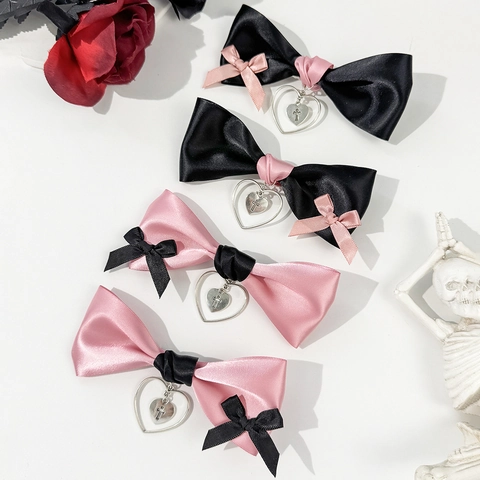 Molletta per Capelli Fiocco in Satine Gothic Lolita Con Pendaglio Croce Cuore Accessori per Capelli Donna