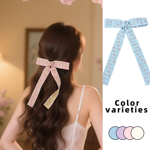 Florale Stickerei Schleifen Haarclip Mit Langen Bändern Vintage Pastoral Stil Gurtband Für Damen Haarschmuck