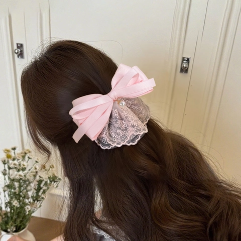 Dolce Fermaglio per Capelli con Fiocco in Pizzo Con Pendaglio di Falsa Perla Artificial Nastro di Raso Forcina Stratificata per Donna Ragazza Accessori per Capelli