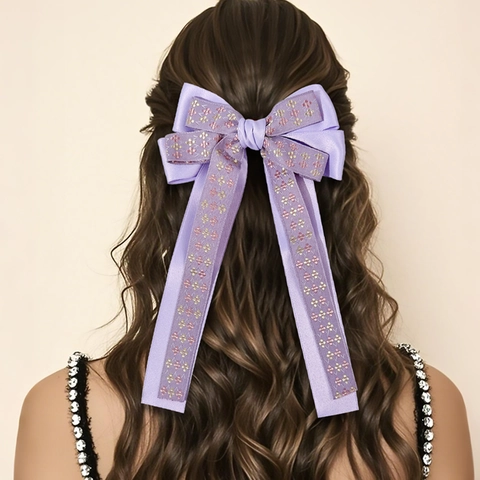 Vintage Ethnic Embroidery Bow Ribbon Hair Clip Satin Double Layer Long Streamer Duckbill Clip For Women Sweet Hair Decor