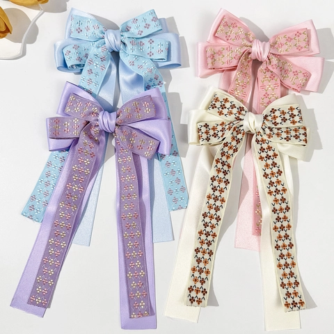 Vintage Ethnic Embroidery Bow Ribbon Hair Clip Satin Double Layer Long Streamer Duckbill Clip For Women Sweet Hair Decor