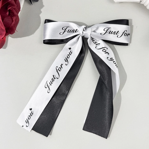 Barrette Nœud en Satin Avec Longs Rubans Style Doux et Cool Imprimé Lettres Polyester Pince Croco pour Femmes Filles