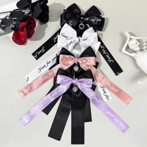 Fermaglio per Capelli Fiocco in Nastro di Raso Gothic Lolita Giapponese Con Pendente Cuore Strass Stampa Lettere Accessori