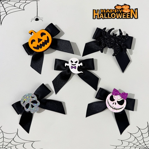 Halloween Satin Bow Hair Clips For Women Girls Pumpkin Spider Ghost Skull Ribbon Hair Accessories Holiday Party Hairpin Jewelry
