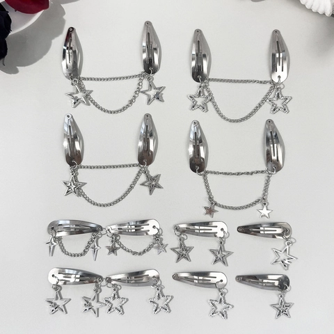 Y2K Star Pendant BB Hair Clip Alloy Silver Metal Hairpins With Chain Cool Punk Pentagram Hair Accessories For Women