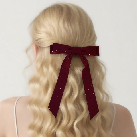 Französischer Eleganter Samt-Schleife Haarclip Strass Langes Band Retro Entenschnabel-Clip Damen Audrey Stil Haarschmuck