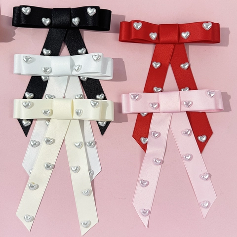 Women's Satin Bow Hair Clip With Heart Artificial Pearl Long Ribbon Streamer Duckbill Clip Vintage Sweet Hair Accessories