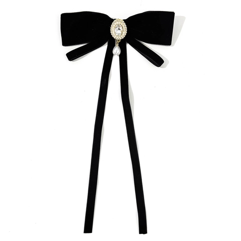 Broche Nœud en Velours de Style Français Vintage Avec Longs Rubans Pendentif Perle Artificielle en Strass pour Femmes Accessoires Bijoux de Cravate Élégants