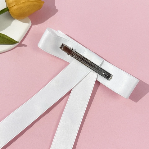 Women's Satin Bow Hair Clip With Heart Artificial Pearl Long Ribbon Streamer Duckbill Clip Vintage Sweet Hair Accessories