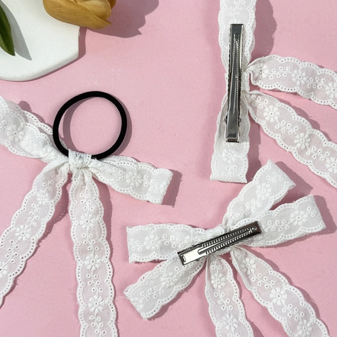 Pinza De Pelo Con Lazo De Encaje Blanco Dulce Bordado Floral Cinta Para El Cabello Accesorio De Moda Para Mujer Fiesta