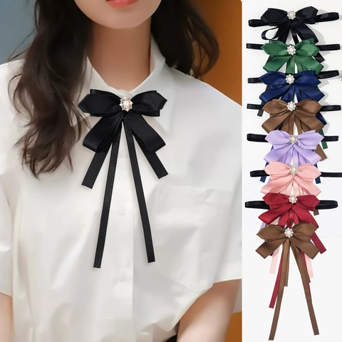 Vintage British Preppy Style Rhinestone Artificial Pearl Bowtie Brooch For Women Satin Ribbon Shirt Collar Accessories