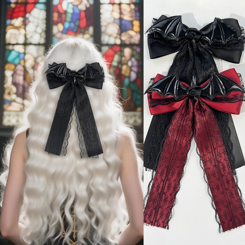 Gothic Fledermausflügel Schleife Haarklammer Mit Schwarzer Rose Spitze Langem Band Süße Coole Punk Lolita Haarnadel Halloween Party Haarschmuck