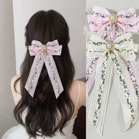 Pinza para el Cabello Vintage Pastoral de Lazo de Encaje Floral Con Colgante de Perla Artificial Lazo Dulce para Mujer