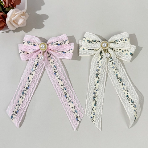 Pinza para el Cabello Vintage Pastoral de Lazo de Encaje Floral Con Colgante de Perla Artificial Lazo Dulce para Mujer