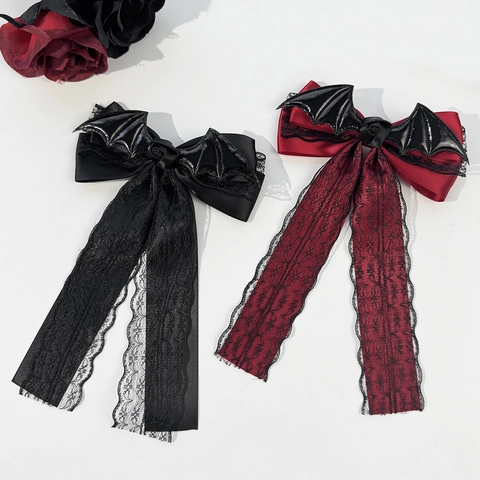 Gothic Fledermausflügel Schleife Haarklammer Mit Schwarzer Rose Spitze Langem Band Süße Coole Punk Lolita Haarnadel Halloween Party Haarschmuck