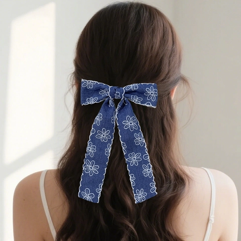 Pinza De Pelo Con Lazo De Denim Floral Para Mujer Con Serpentina Larga Azul Marino Blanco Bordo Ondulado Accesorios De Moda