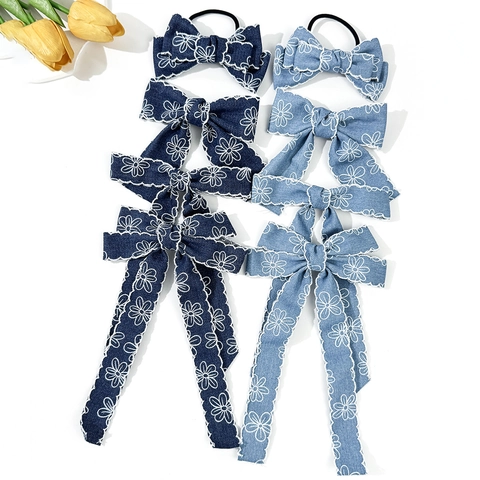 Handmade Denim Blue Bow Hair Clip Floral Embroidered Daisy Hair Tie For Women Korean Style Retro Sweet Hair Accessories