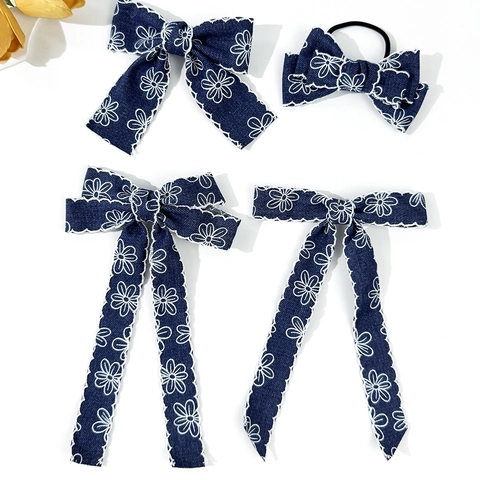 Handmade Denim Blue Bow Hair Clip Floral Embroidered Daisy Hair Tie For Women Korean Style Retro Sweet Hair Accessories