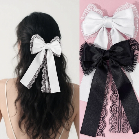 Eleganter Handgefertigter Schleifen Haarklammer Polyester Baumwolle Satin Textur Langes Band Haarnadel Süßes Haar Accessoires