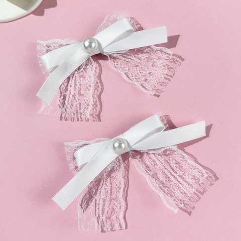 Elegante Fermaglio per Capelli con Fiocco in Pizzo e Nastro con Elastico con Perle Artificiali Stile Fata Bianco Fatto a Mano