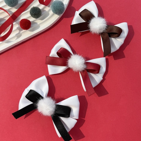 Kerstmis Strik Haarclip Met Pluche Bal Lint Zoete Prinses Alligator Clip Feestelijke Handgemaakte Haaraccessoires Voor Dames