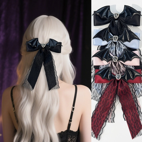 Gothic Fledermausflügel Spitze Schleife Haarspange Damen Halloween Herz Strass Satinband Lange Streamer Haarnadel Haarschmuck