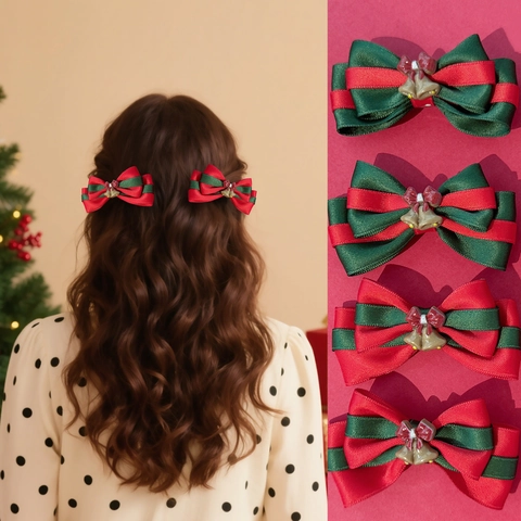 Pinces à Cheveux Nœud de Noël Faites à la Main Avec Cloches Dorées Ruban Rayé Rouge Vert Accessoires de Cheveux Princesse